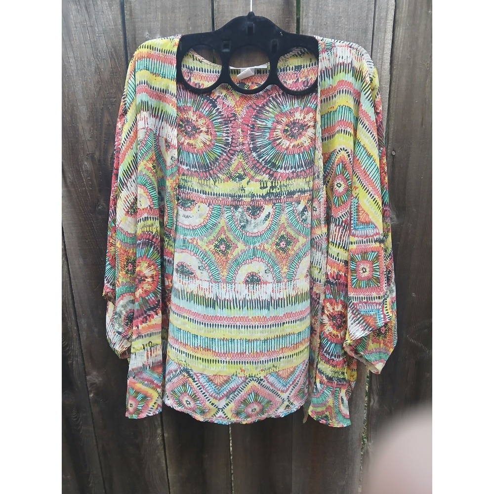 Rainbow Shops Boho Multicolor Geometric Mandala Open Front Kimono Cover-Up Lite